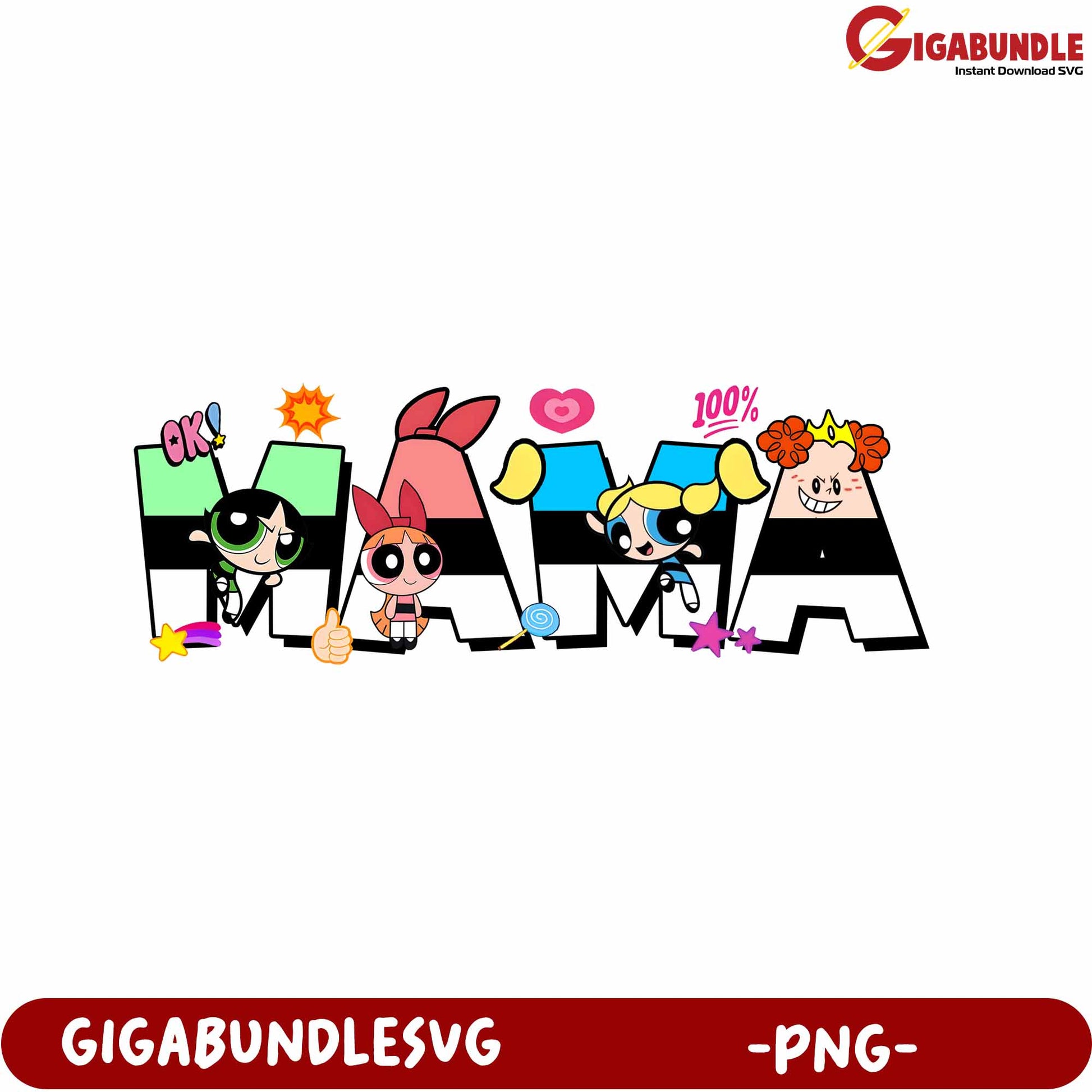 Powerpuff Girls Mama PNG Design with Colorful Characters Art
