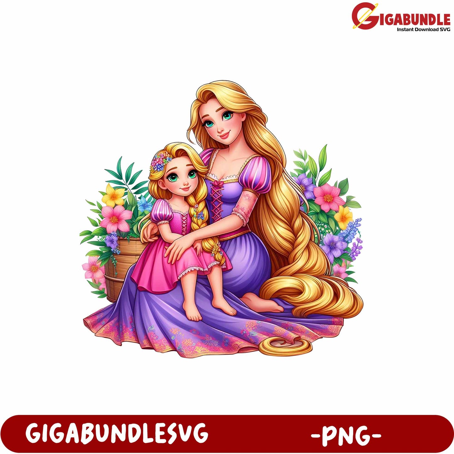 Princess Mother and Daughter Floral Illustration PNG Downloadable Art