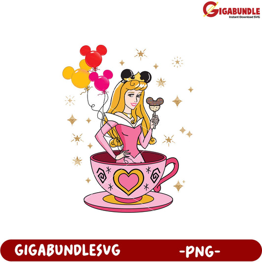 Princess in Teacup with Balloons PNG Graphic Design 