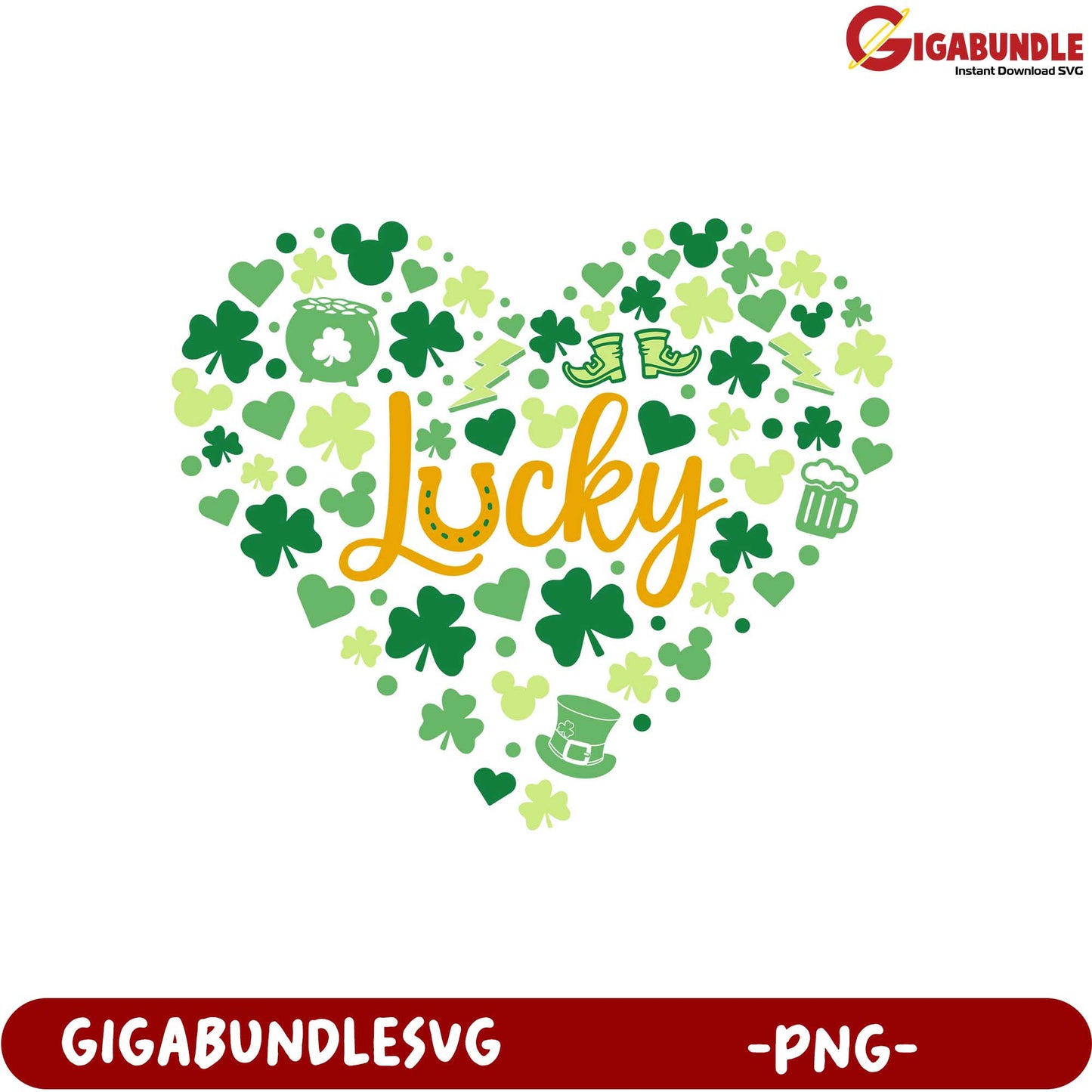 Printable Lucky Heart Design with Shamrocks and Symbols - PNG