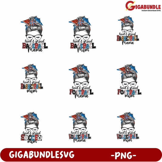 Proud Sports Mom Bundle PNG Featuring Baseball Football Volleyball Designs