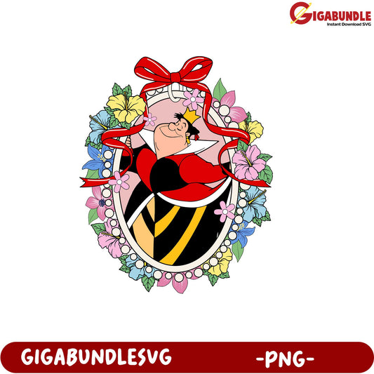 Queen Character with Floral Frame Vintage Style PNG Downloadable Art