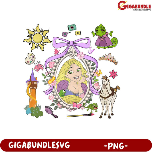 Rapunzel Themed PNG Illustration with Sun, Horse, and Chameleon Art