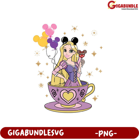 Rapunzel in Teacup with Balloons PNG Digital Art