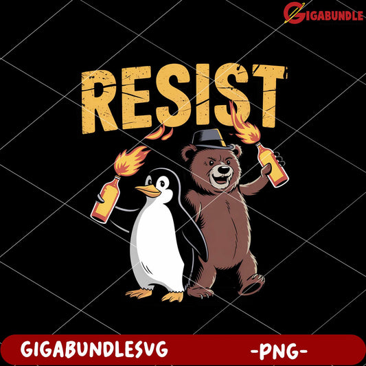 Resist bear and penguin png, cute animal png, resistance theme png