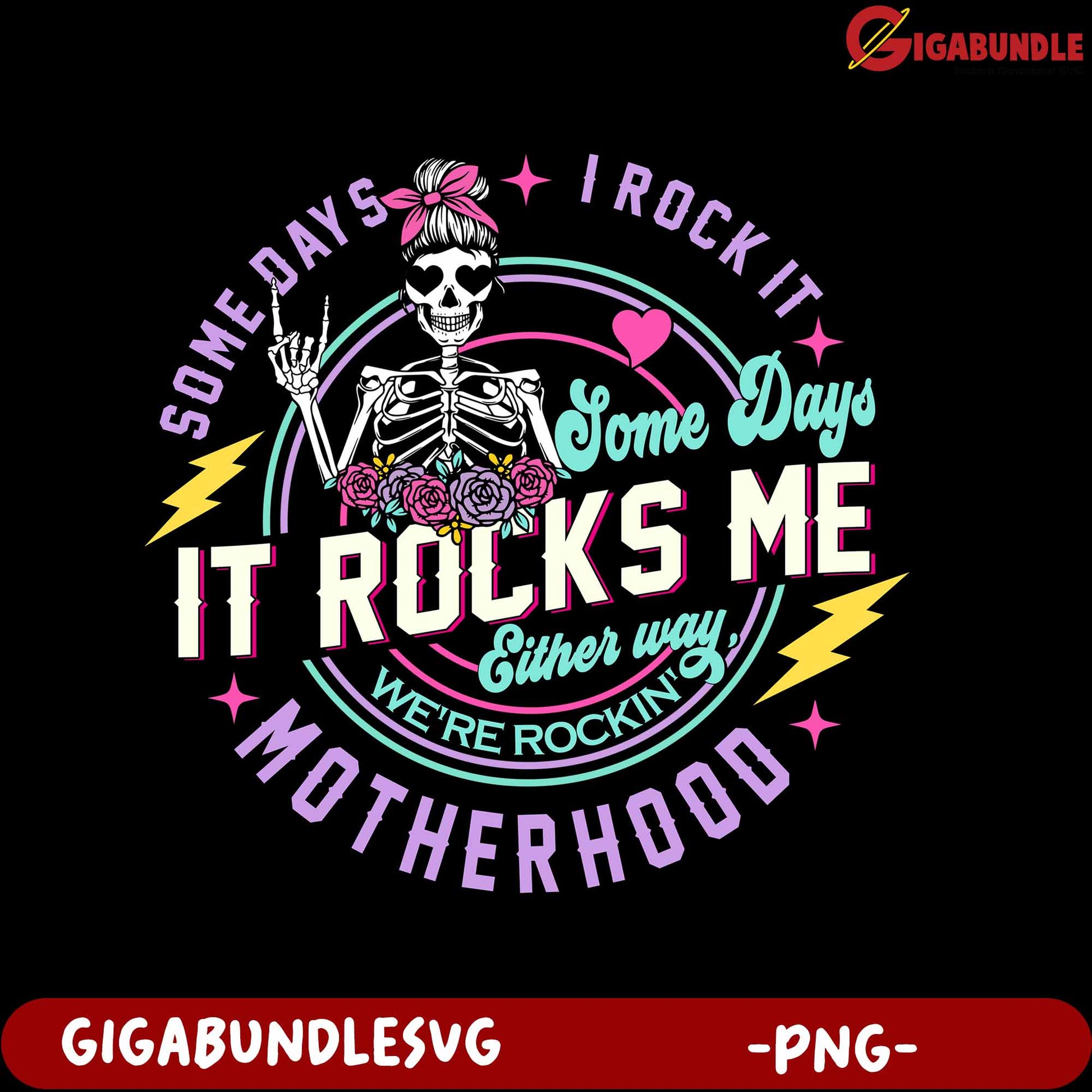 Rocking Motherhood PNG Design with Skeleton and Flowers Art
