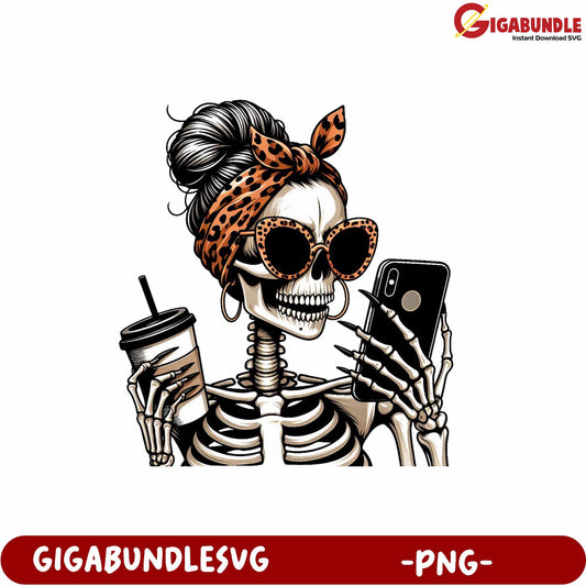 Sassy Skeleton Girl PNG with Leopard Headband and Sunglasses Design