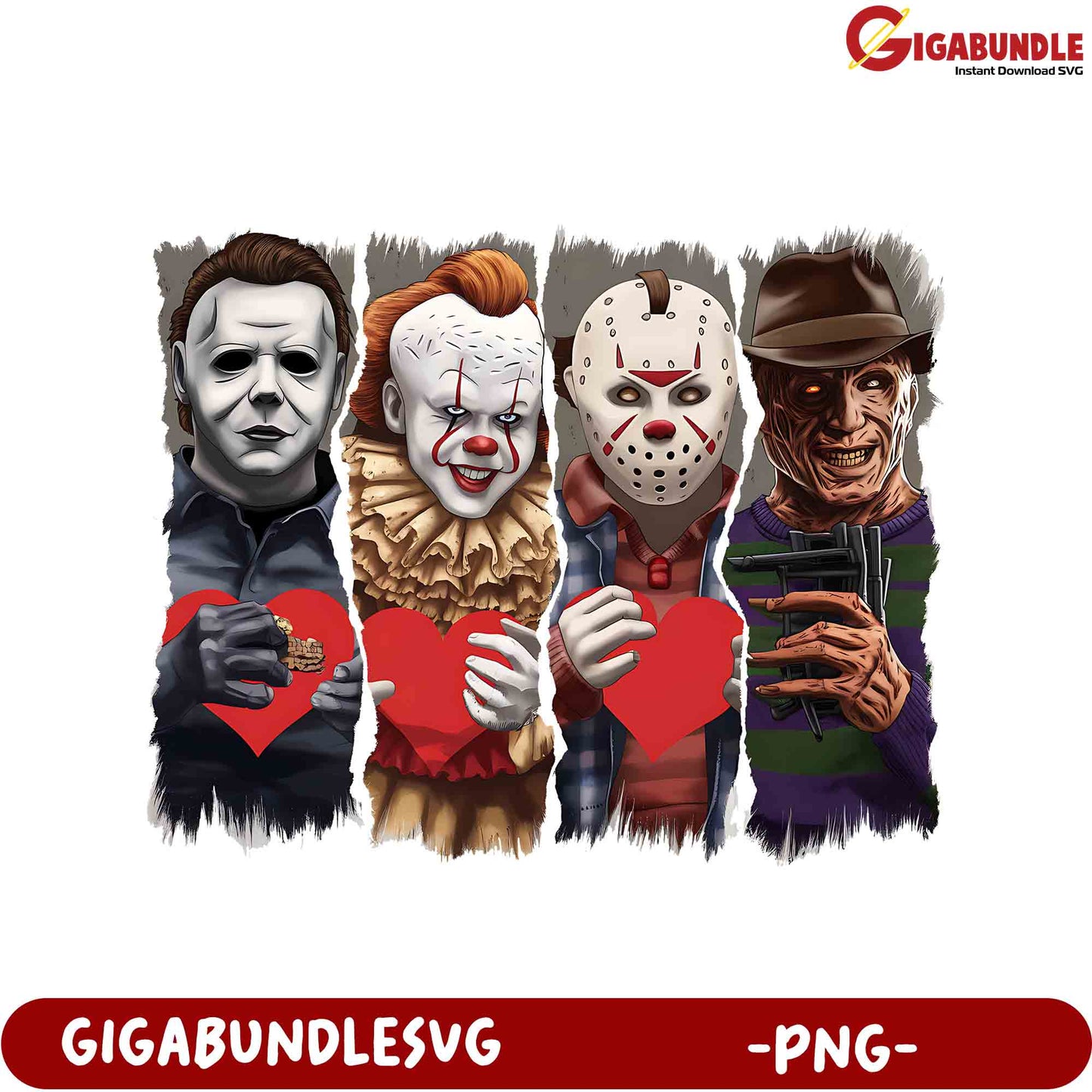 Scary Horror Icons Holding Hearts – PNG Graphic for Halloween Designs