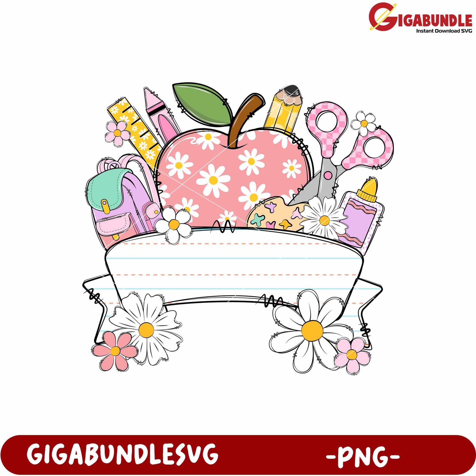 School supplies design for girl png, cute school supplies png, girls stationery pn