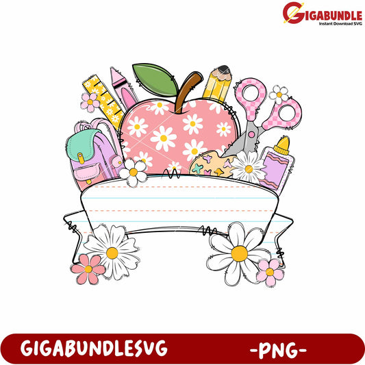 School supplies design for girl png, cute school supplies png, girls stationery pn