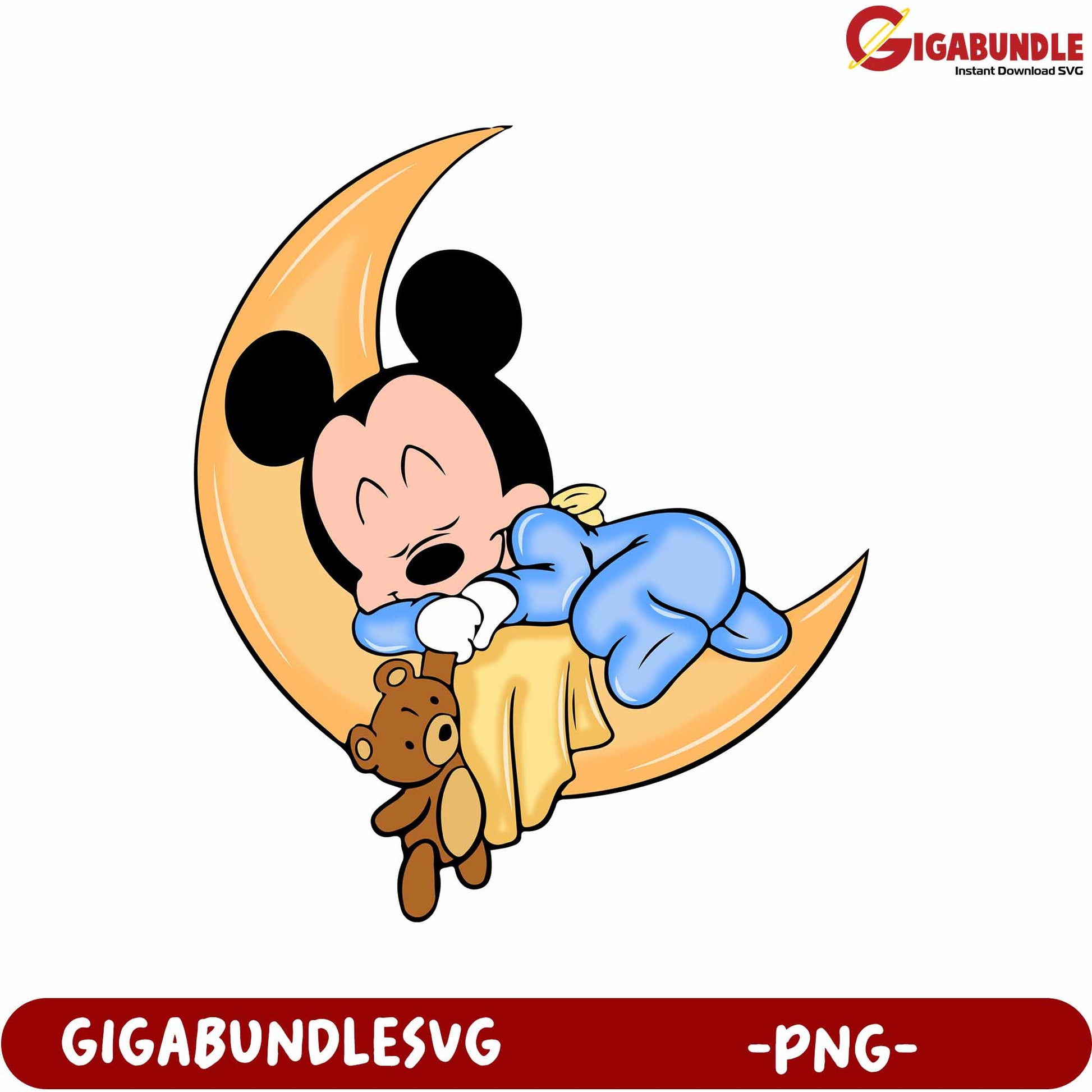 Sleeping Mickey Mouse on Moon with Teddy Bear PNG Design