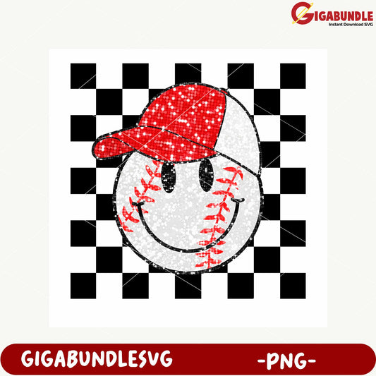 Smiling Baseball Character with Hat on Checker Background PNG
