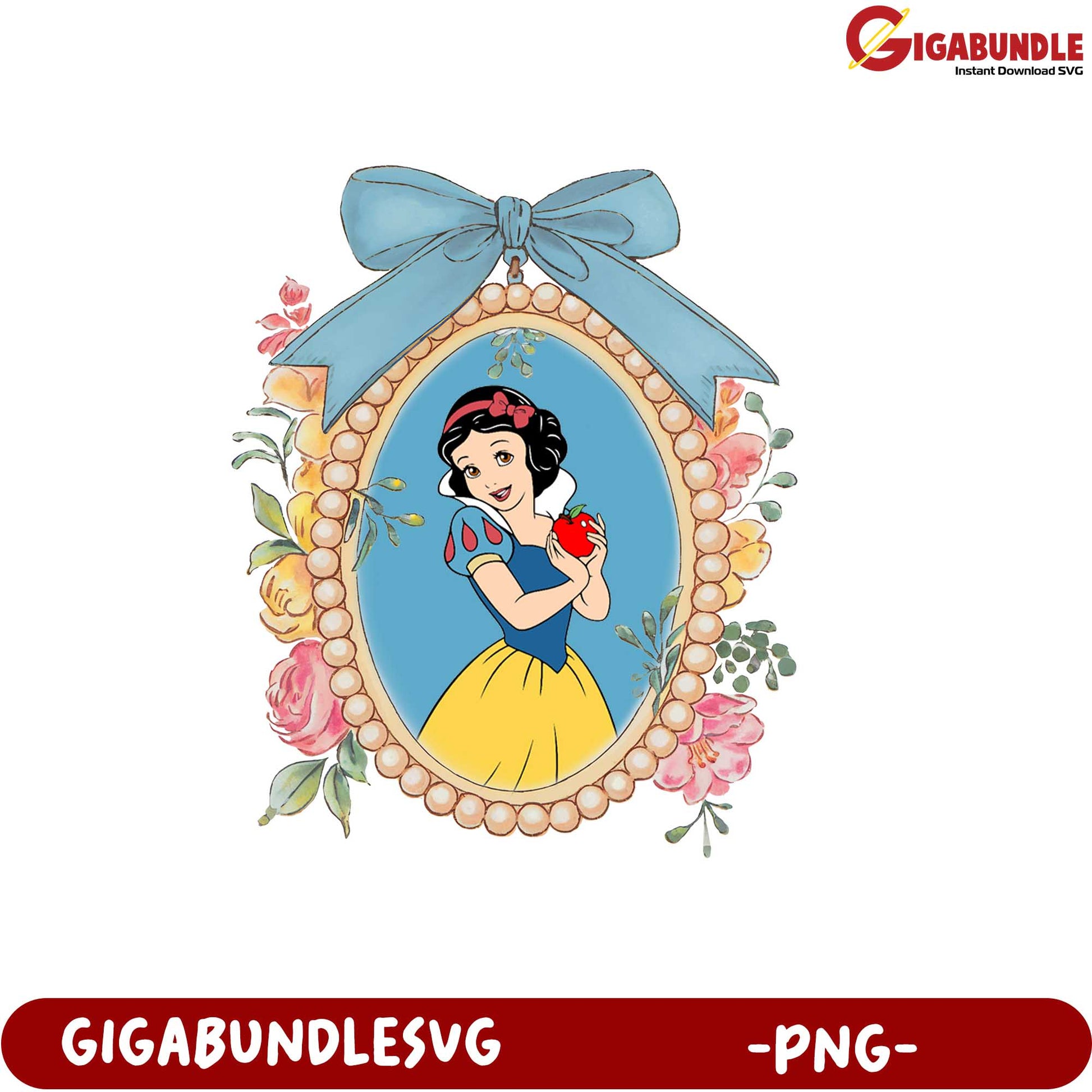 Snow White Character PNG Artwork with Floral Frame Design Download