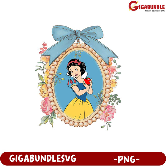 Snow White Character PNG Artwork with Floral Frame Design Download