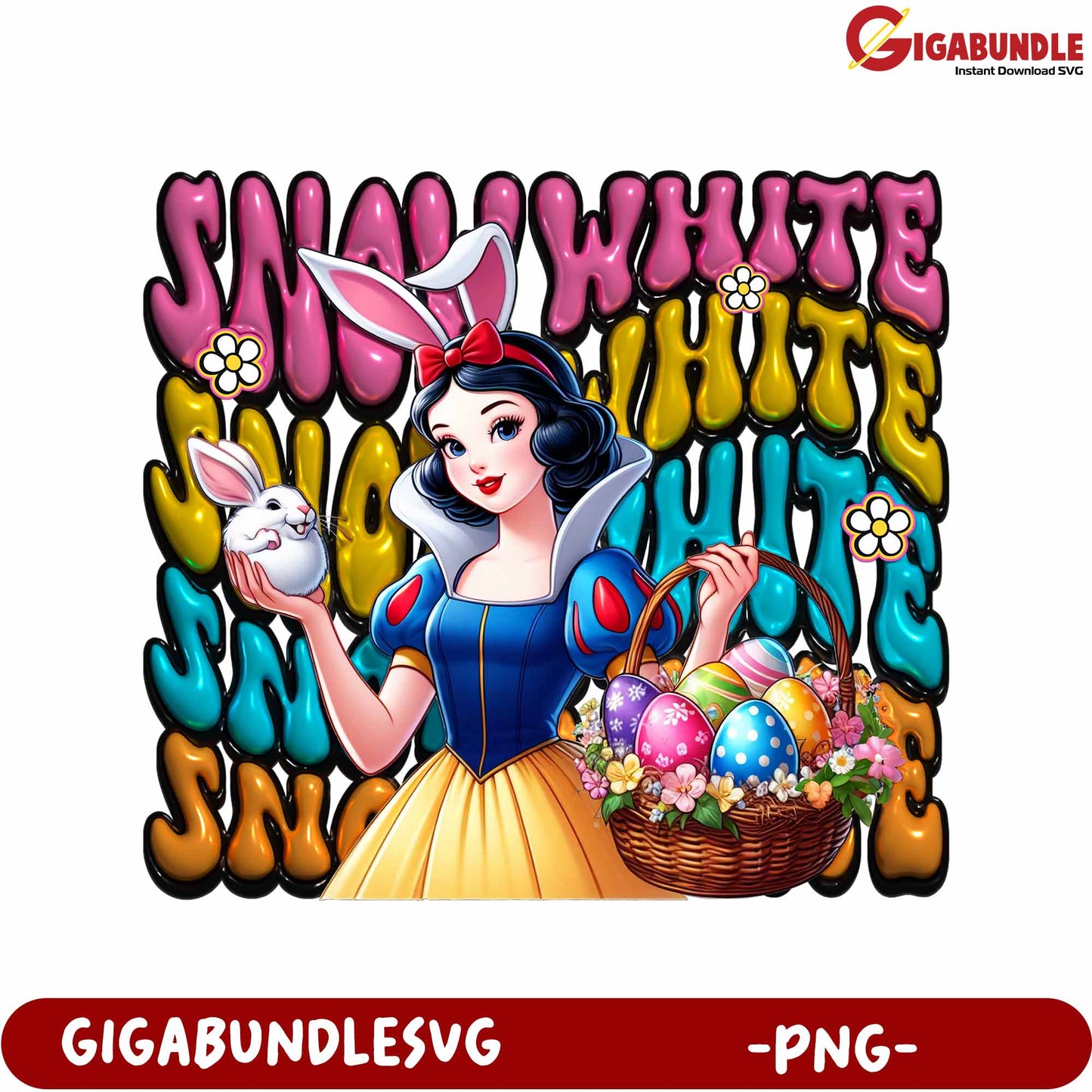 Snow White Easter PNG Design with Bunny and Colorful Eggs