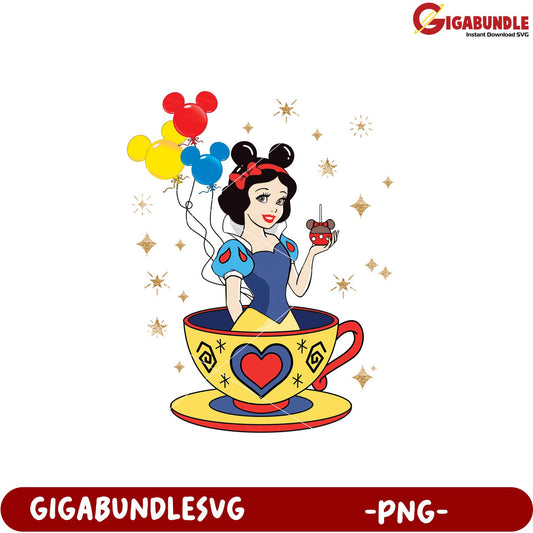 Snow White Teacup Design with Balloons PNG Download