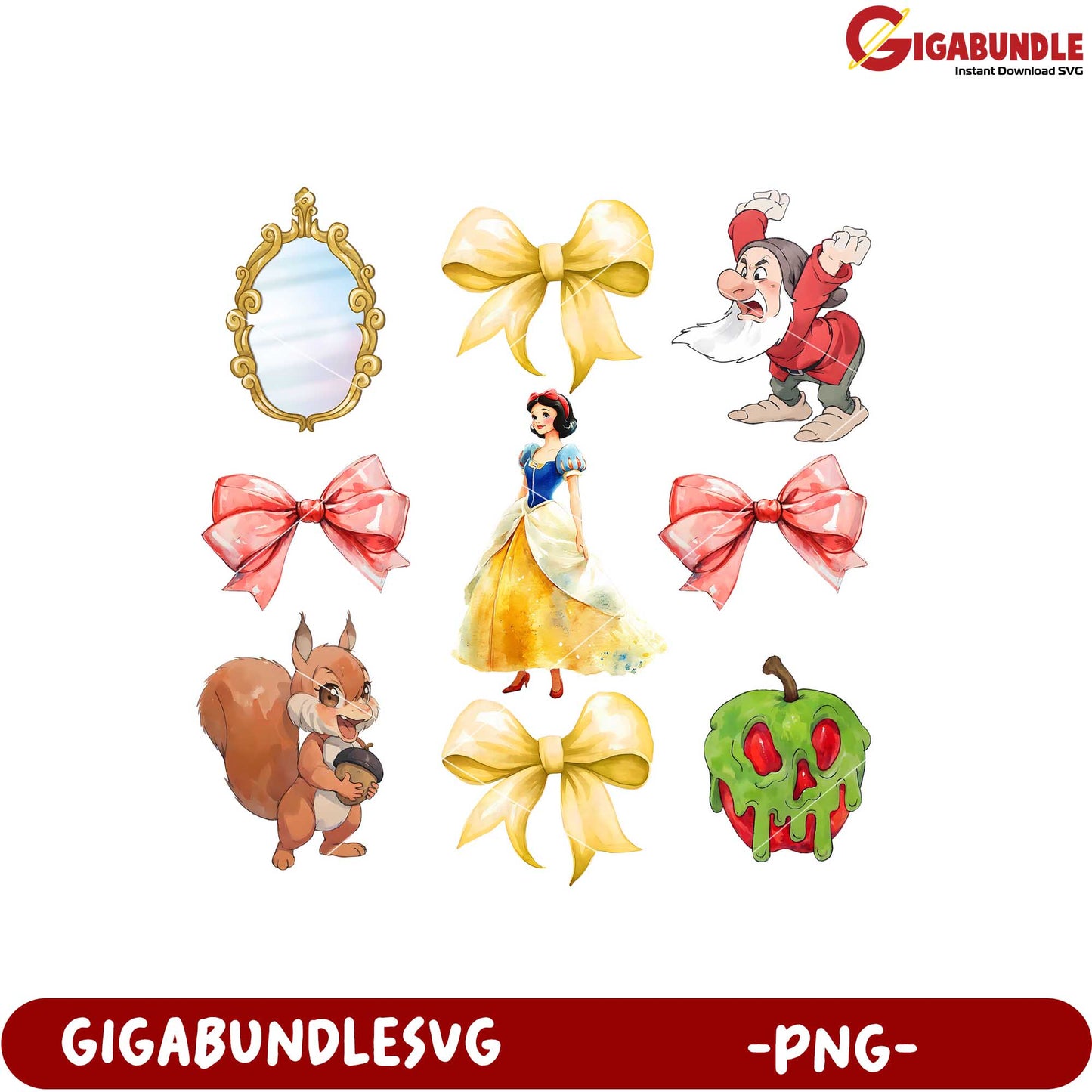 Snow White Themed PNG Designs with Bows and Characters