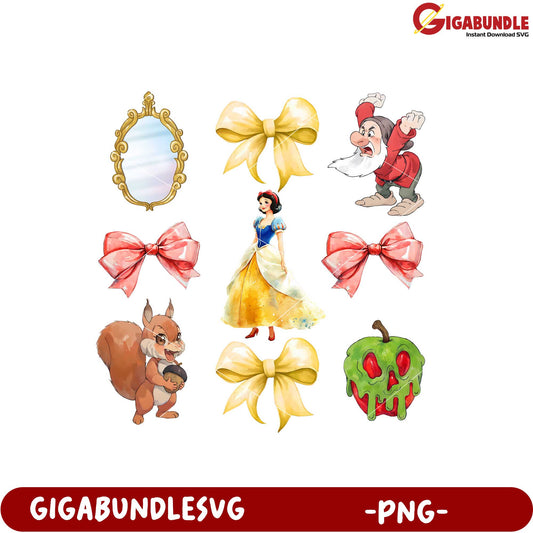 Snow White Themed PNG Designs with Bows and Characters