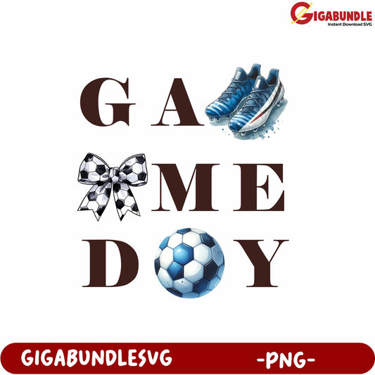 Soccer Game Day Fun Graphic with Football Shoes and Bow PNG Design