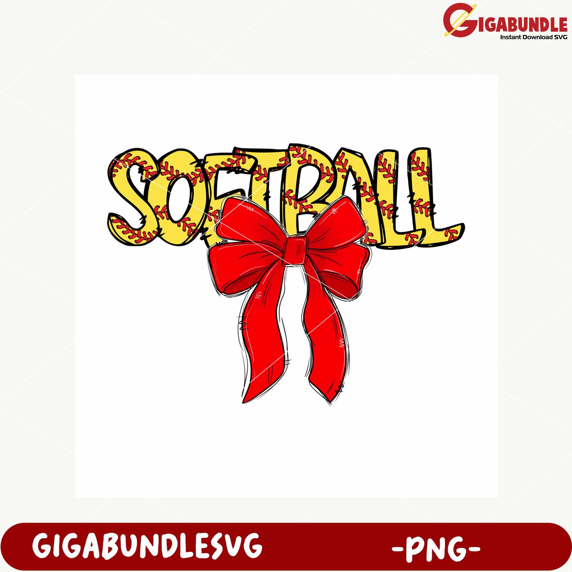 Softball Design with Red Bow PNG Digital Download Art