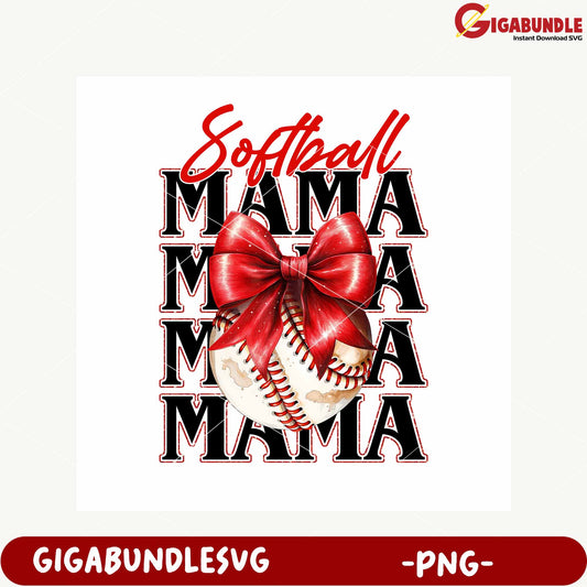 Softball Mama Design with Bow and Baseball PNG Image