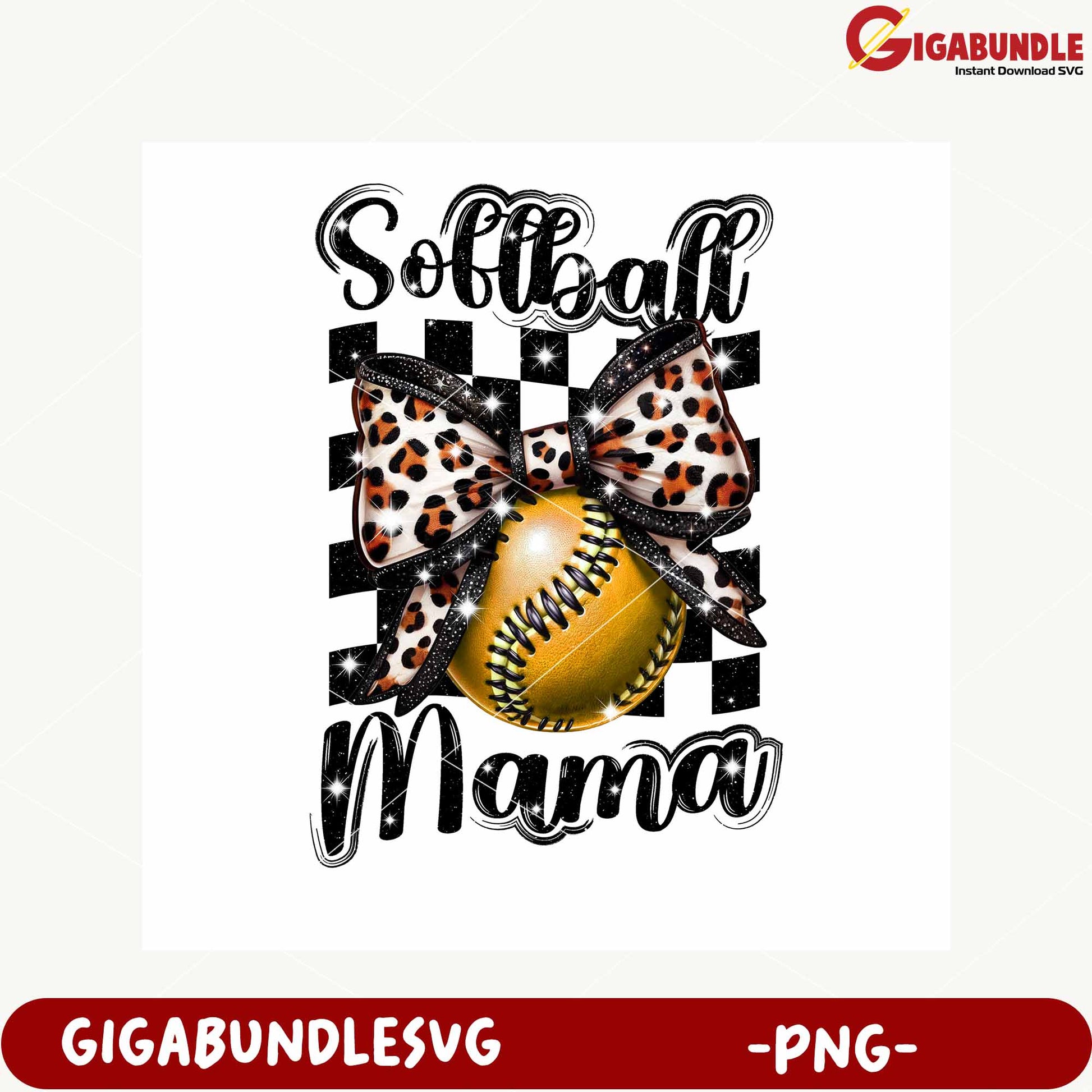 Softball Mama Glitter Bow Leopard Print PNG Design