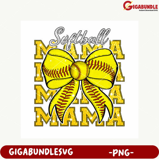 Softball Mama Graphic with Bow and Yellow Colors PNG