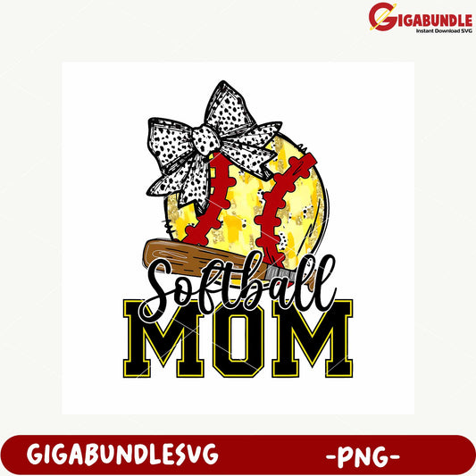 Softball Mom Design with Bow and Bat PNG Artwork