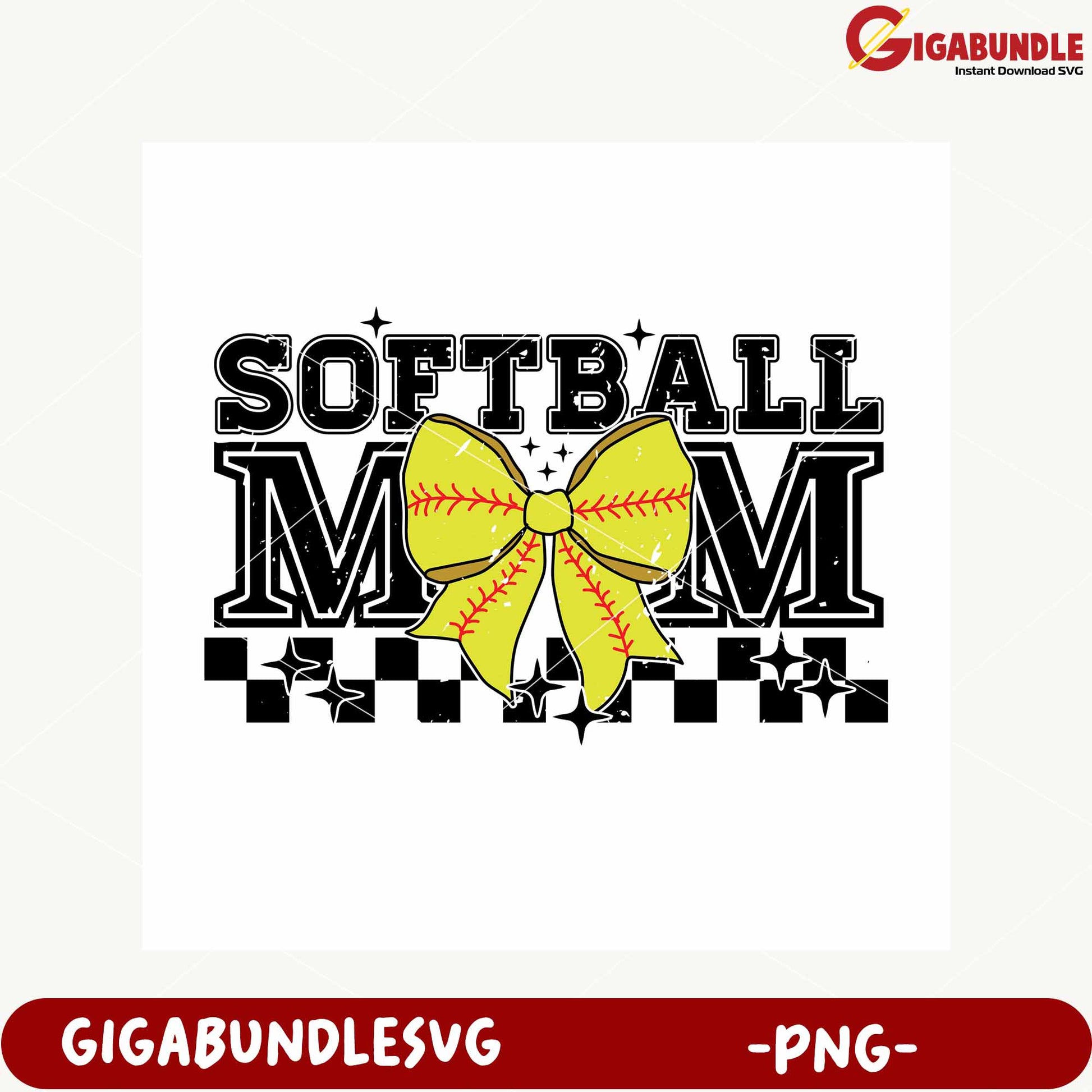 Softball Mom Design with Bow and Stars in PNG Format