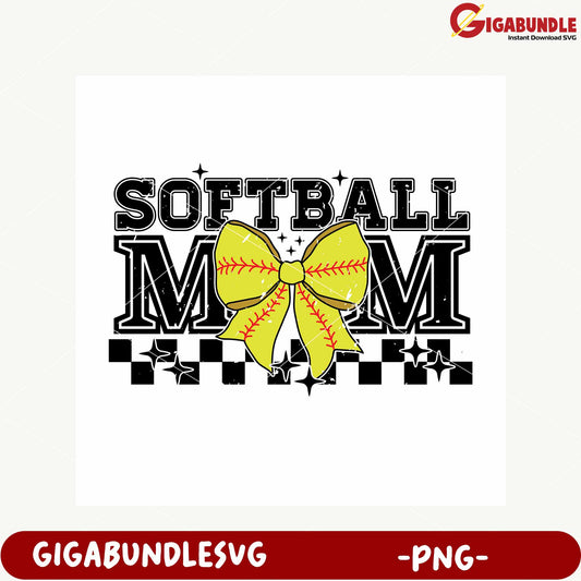 Softball Mom Design with Bow and Stars in PNG Format