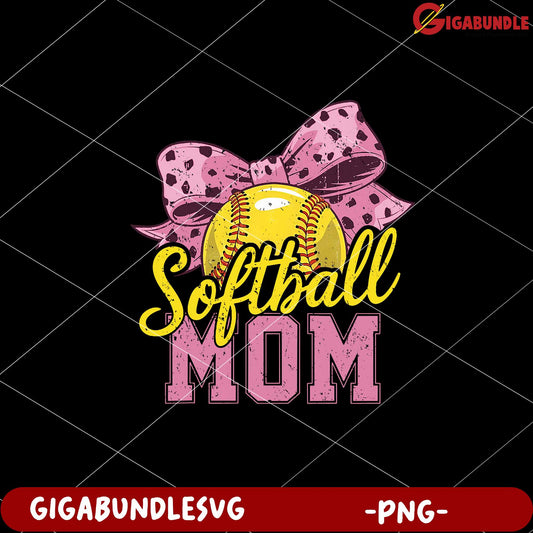 Softball Mom Graphic with Bow and Baseball PNG Design