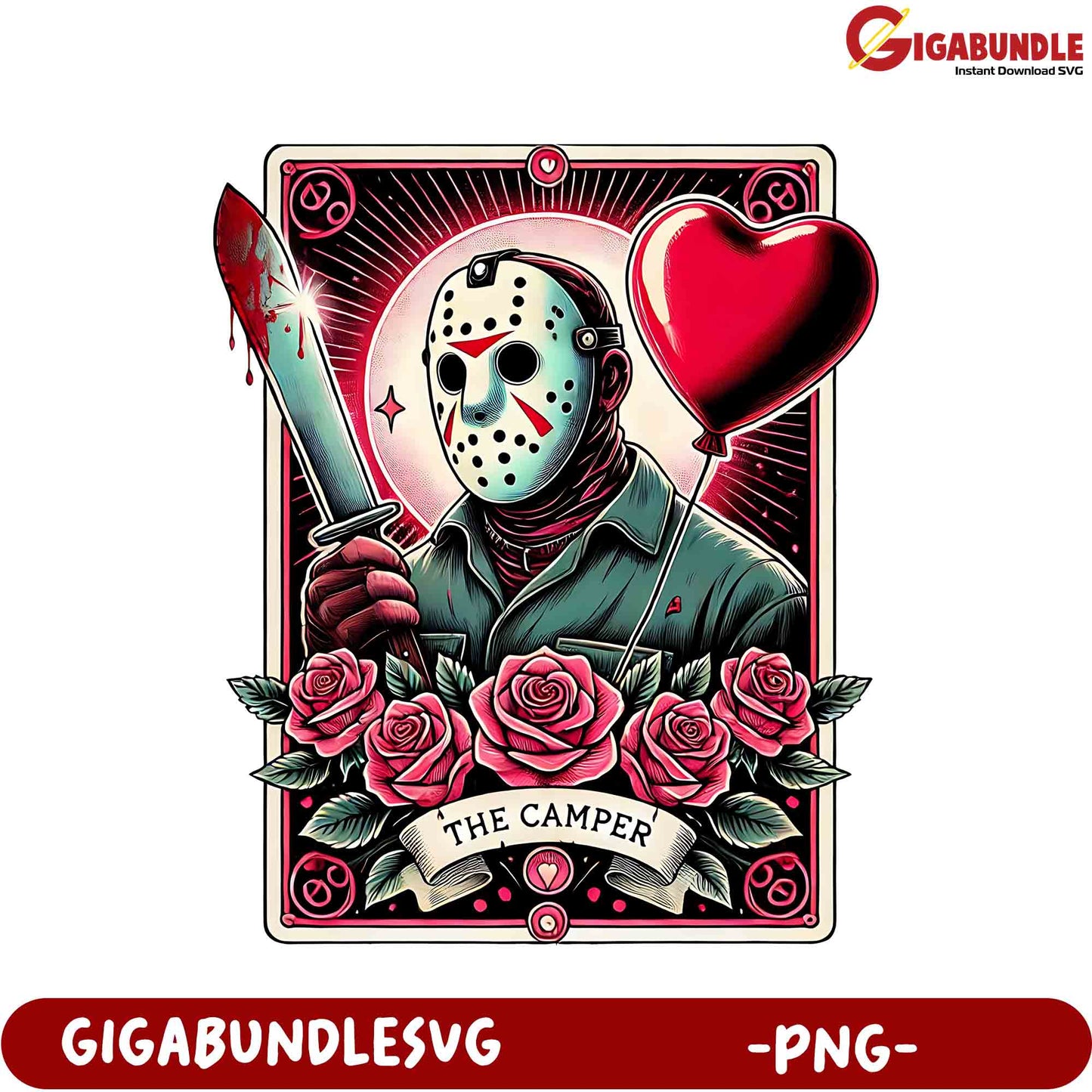 Spooky Campfire Nightmare - Jason Themed PNG Art with Flowers & Heart