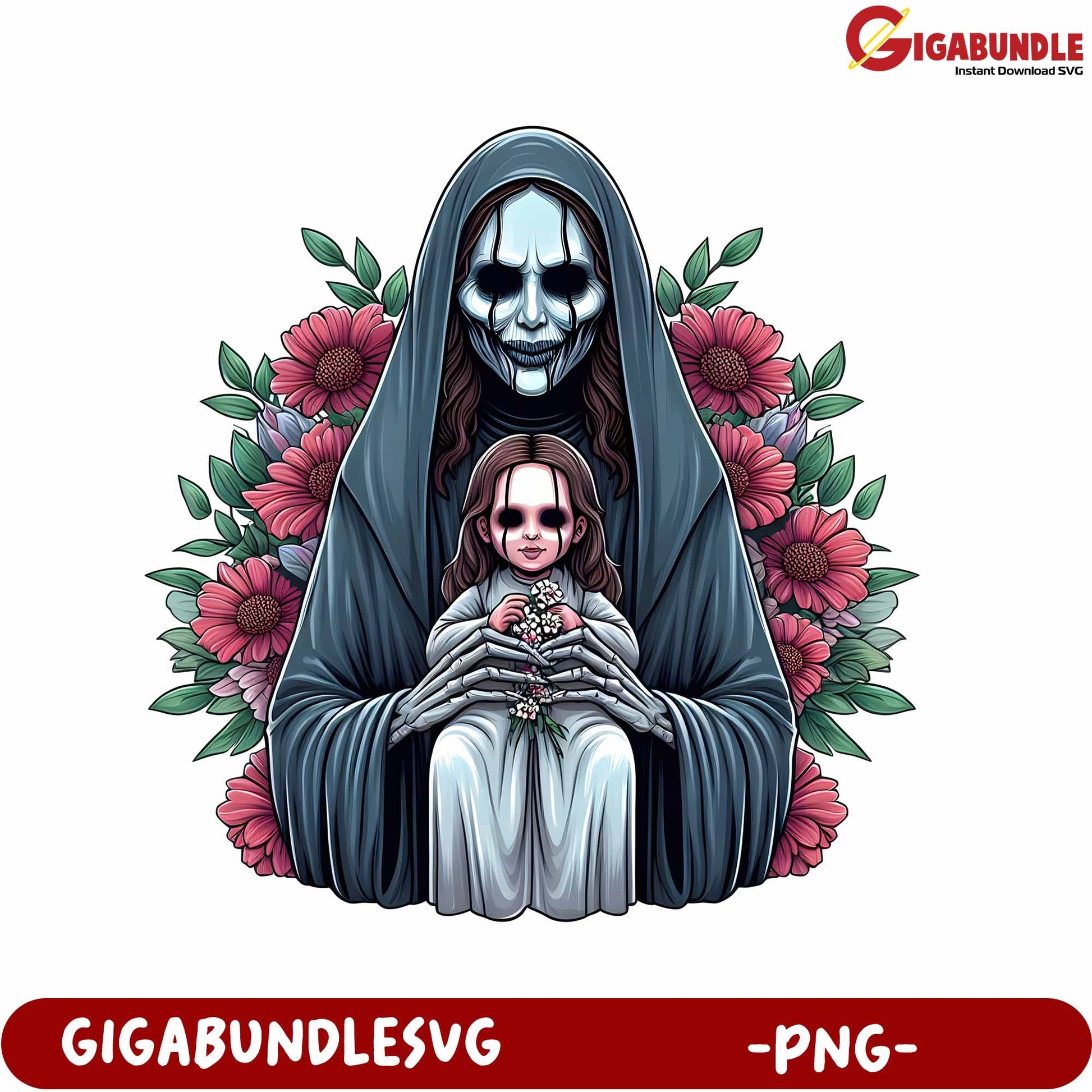 Spooky Floral PNG with Skull and Doll Design for Downloads