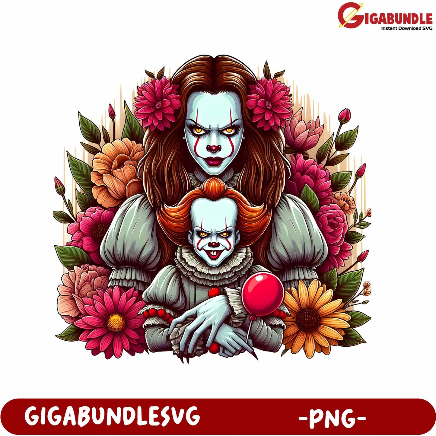 Spooky Horror Clown Art with Flowers - PNG Design Download