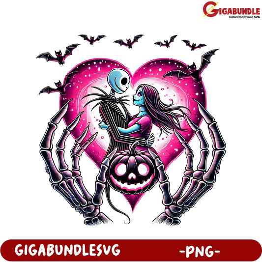 Spooky Love Halloween Skeleton Couple in Heart - PNG Graphic Design