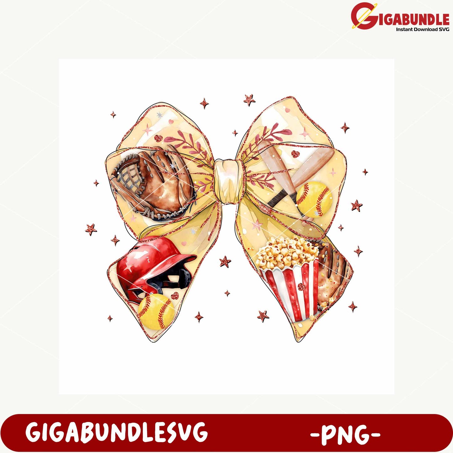 Sports Theme Yellow Bow with Popcorn and Equipment PNG