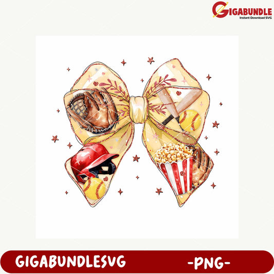 Sports Theme Yellow Bow with Popcorn and Equipment PNG