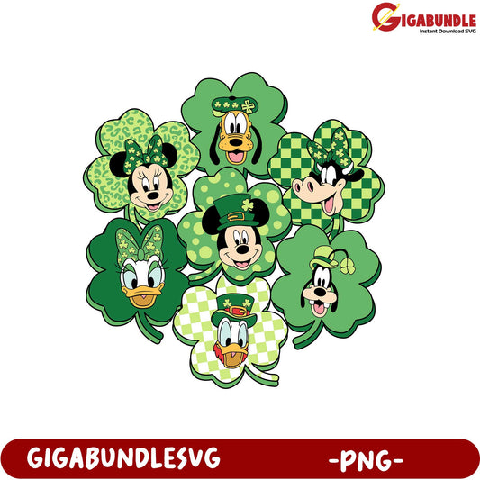 St. Patrick's Day Fun Disney Characters in Green Clovers PNG