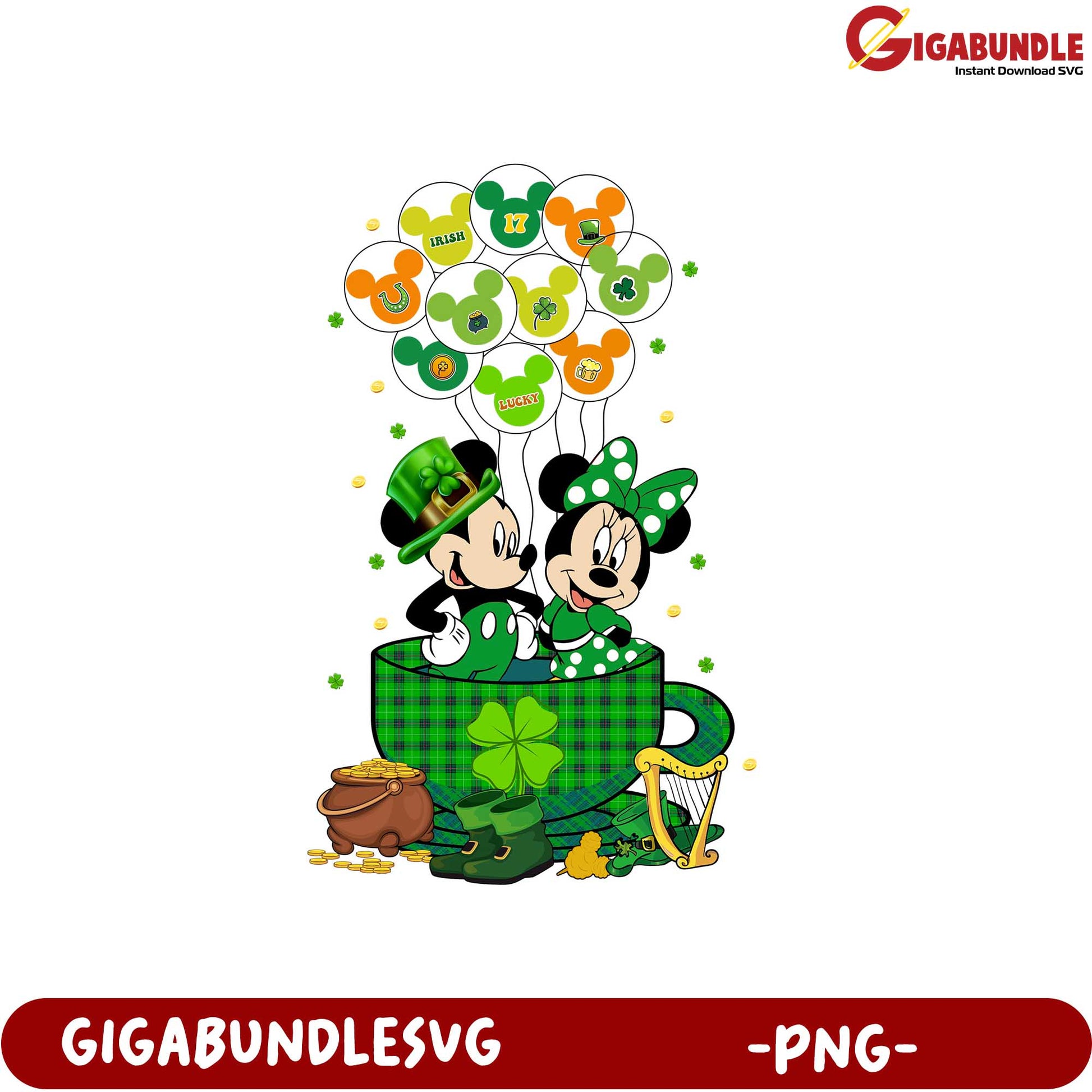 St. Patrick's Day Mickey and Minnie Tea Cup PNG Design