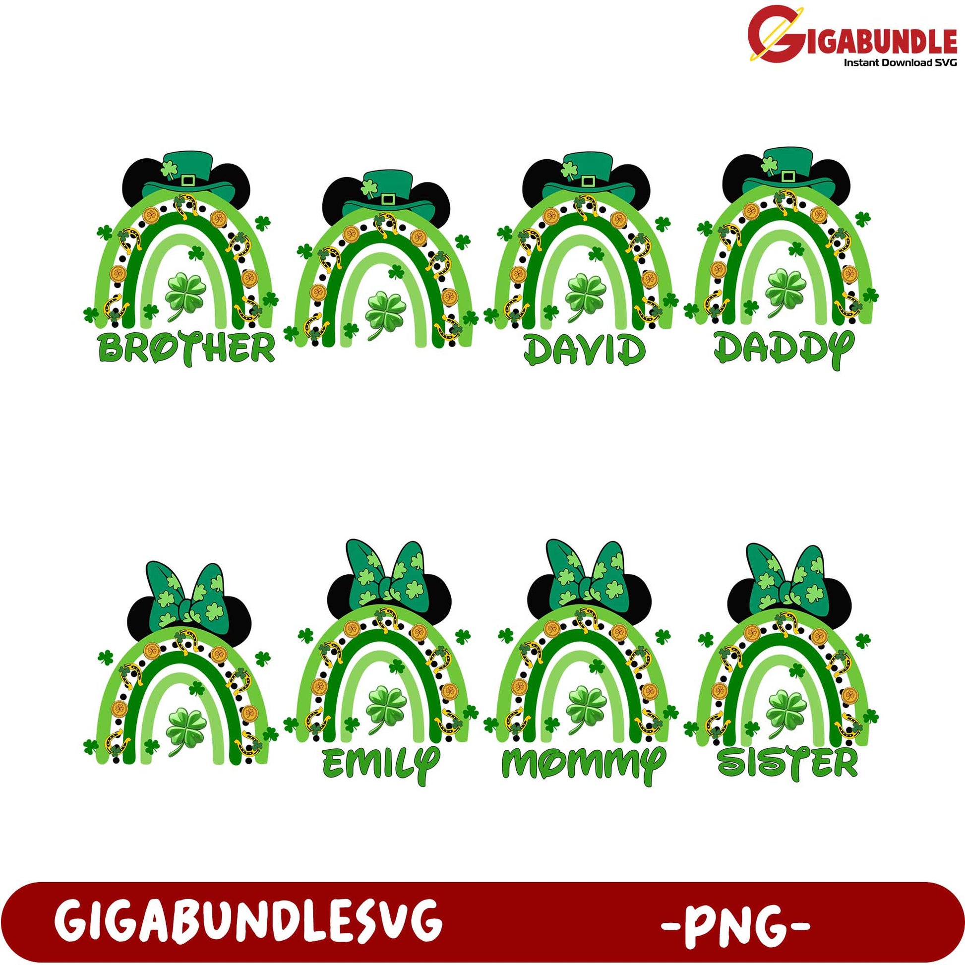 St. Patrick's Day Rainbow Family Name PNG Bundle for DIY Projects