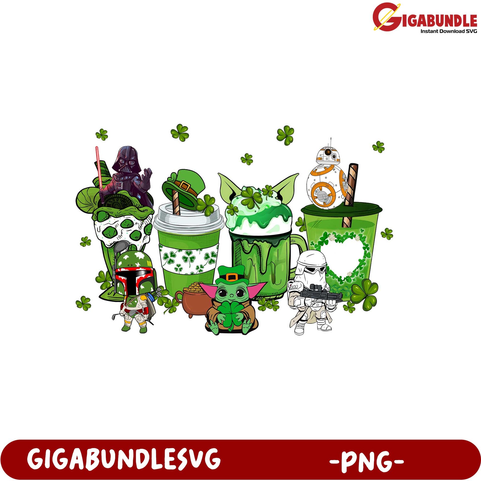 St. Patrick’s Day Star Wars Characters with Green Drinks PNG