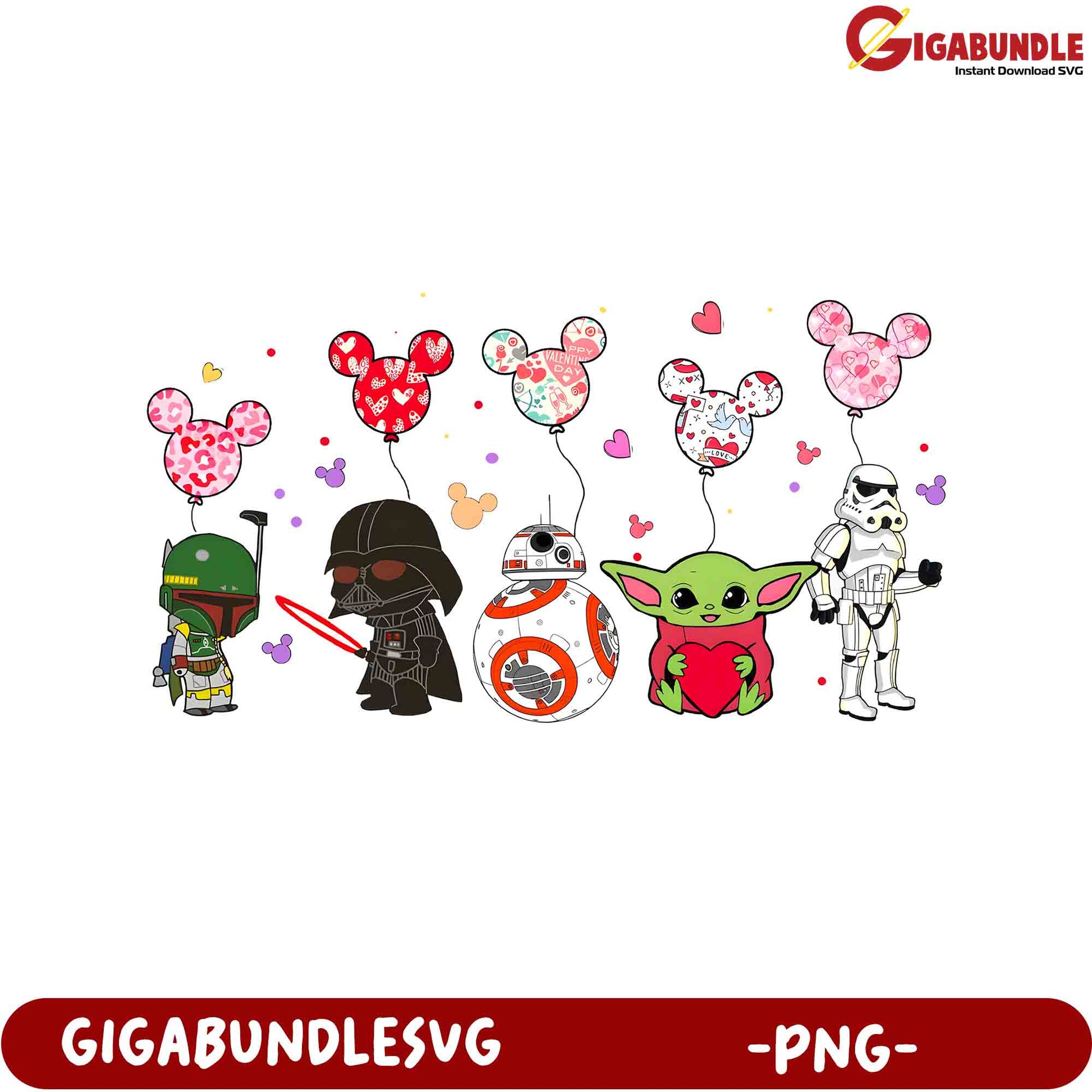 Star Wars Characters with Mickey Balloons PNG Design for Crafting