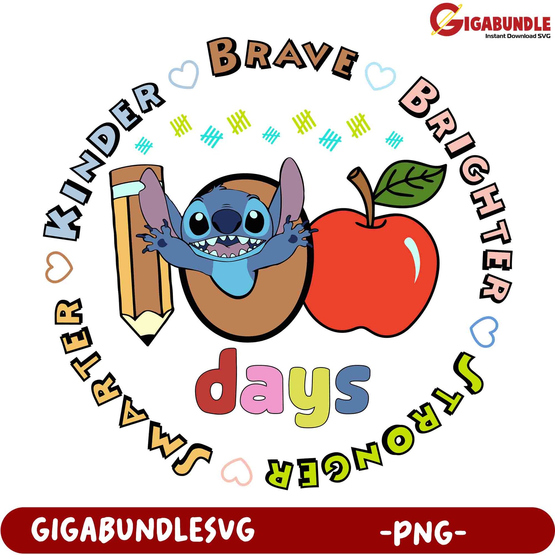 Stitch 100 Days Smarter Kinder Brighter PNG