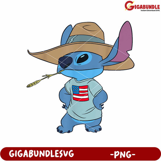 Stitch american cowboy png, lilo and stitch cartoon png, cute blue alien png