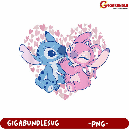 Stitch and angel valentine day png, lilo and stitch cartoon png, cute blue alien png