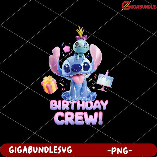 Stitch birthday crew design png, lilo and stitch cartoon png, cute blue alien png
