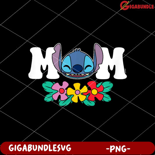 Stitch mom floral flower png, cute stitch png, lilo and stitch the movie png