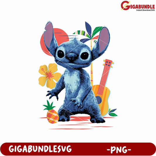 Stitch musical beach fun png, lilo and stitch tropical dance png, cute blue alien png
