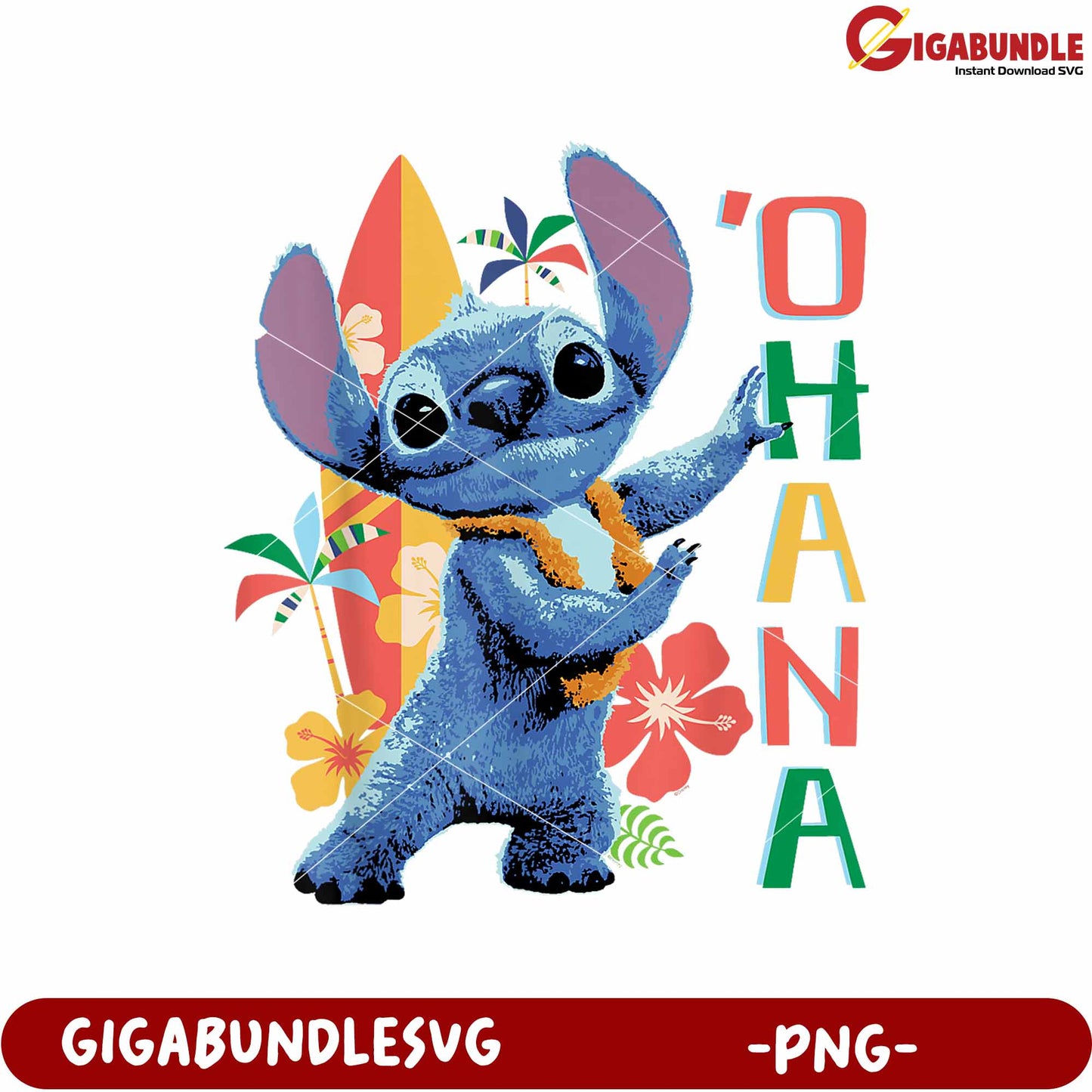 Stitch ohana hula beach png, lilo and stitch tropical design png, cute blue alien png