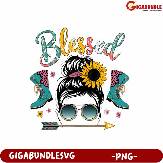 Stylish Blessed Graphic PNG with Floral Elements and Boots Design